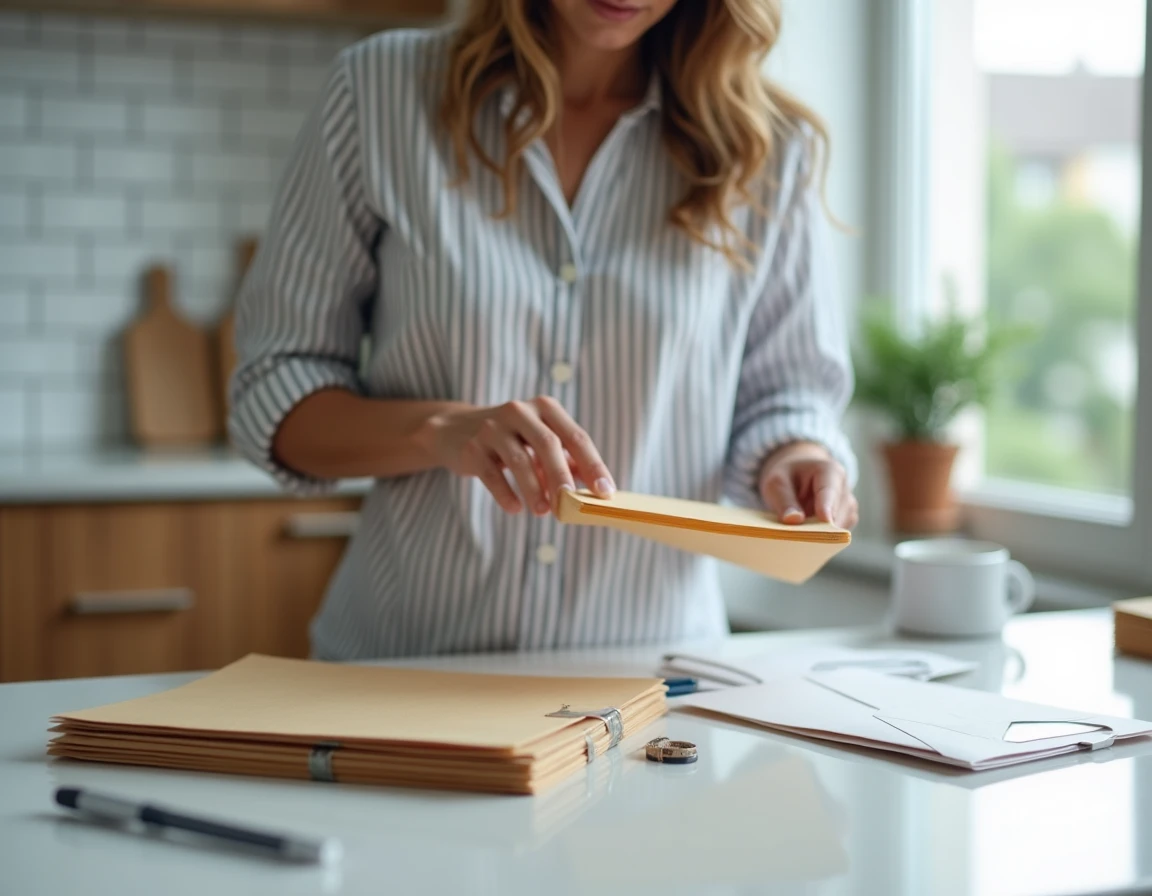 Jeune femme effectuant de la mise sous pli à domicile en pliant des brochures dans des enveloppes à fenêtre