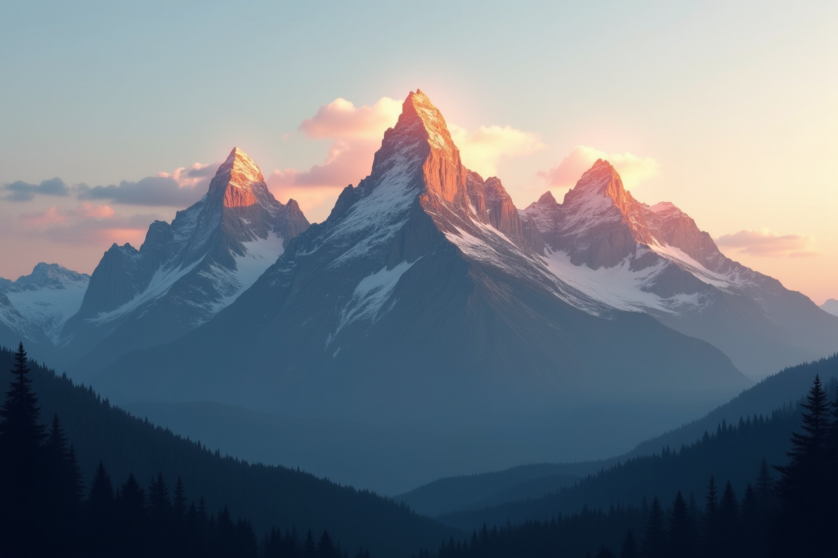 Trois sommets de montagne éclairés par le soleil couchant