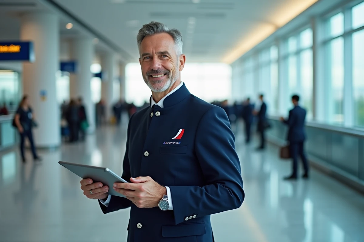Personnel navigant Air France consultant l'application Intralignes sur une tablette dans un couloir d'aéroport moderne