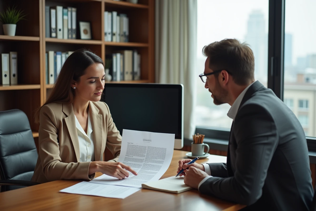 Deux professionnels examinant ensemble les clauses d'un contrat d'appel d'offres dans un bureau privé avec vue sur la ville