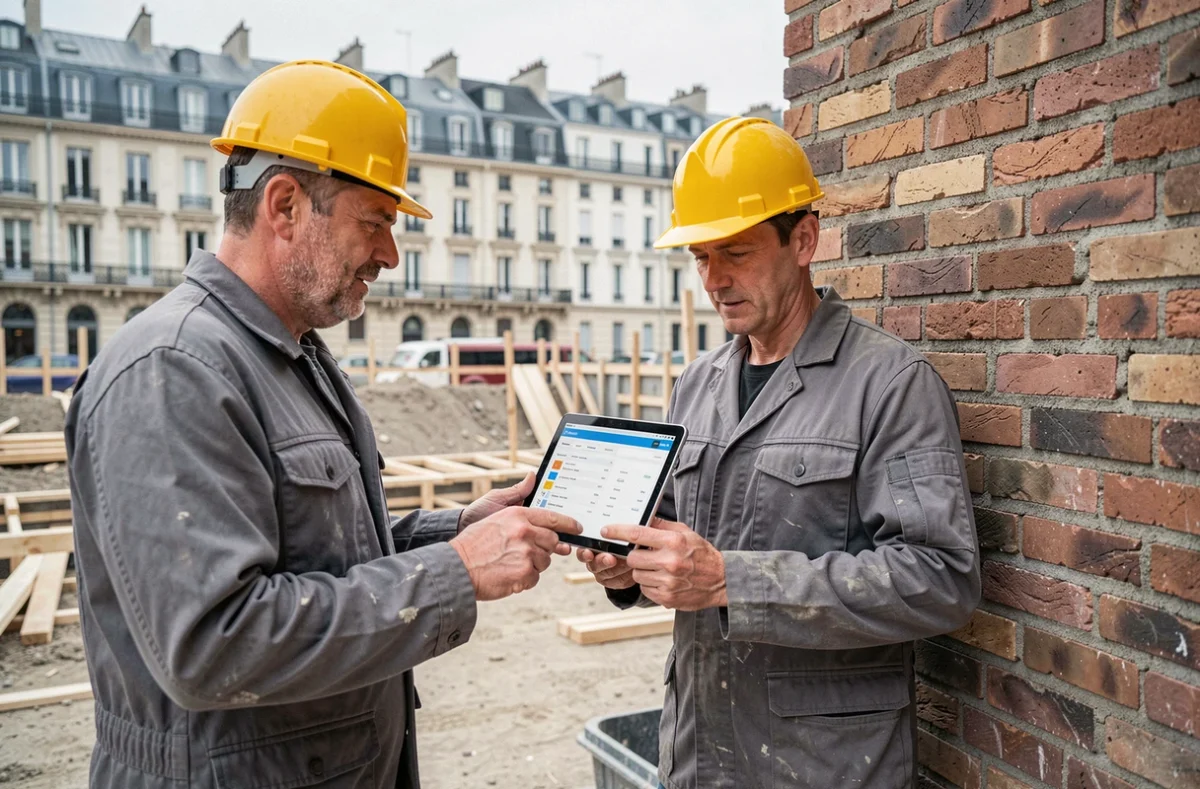 Deux ouvriers BTP consultant un devis numérique sur tablette devant un mur en brique lors d'un chantier de rénovation urbaine
