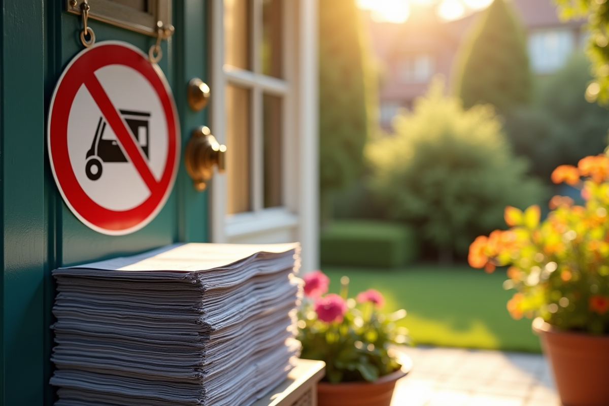 Pile de prospectus avec panneau no junk mail devant une maison ensoleillee