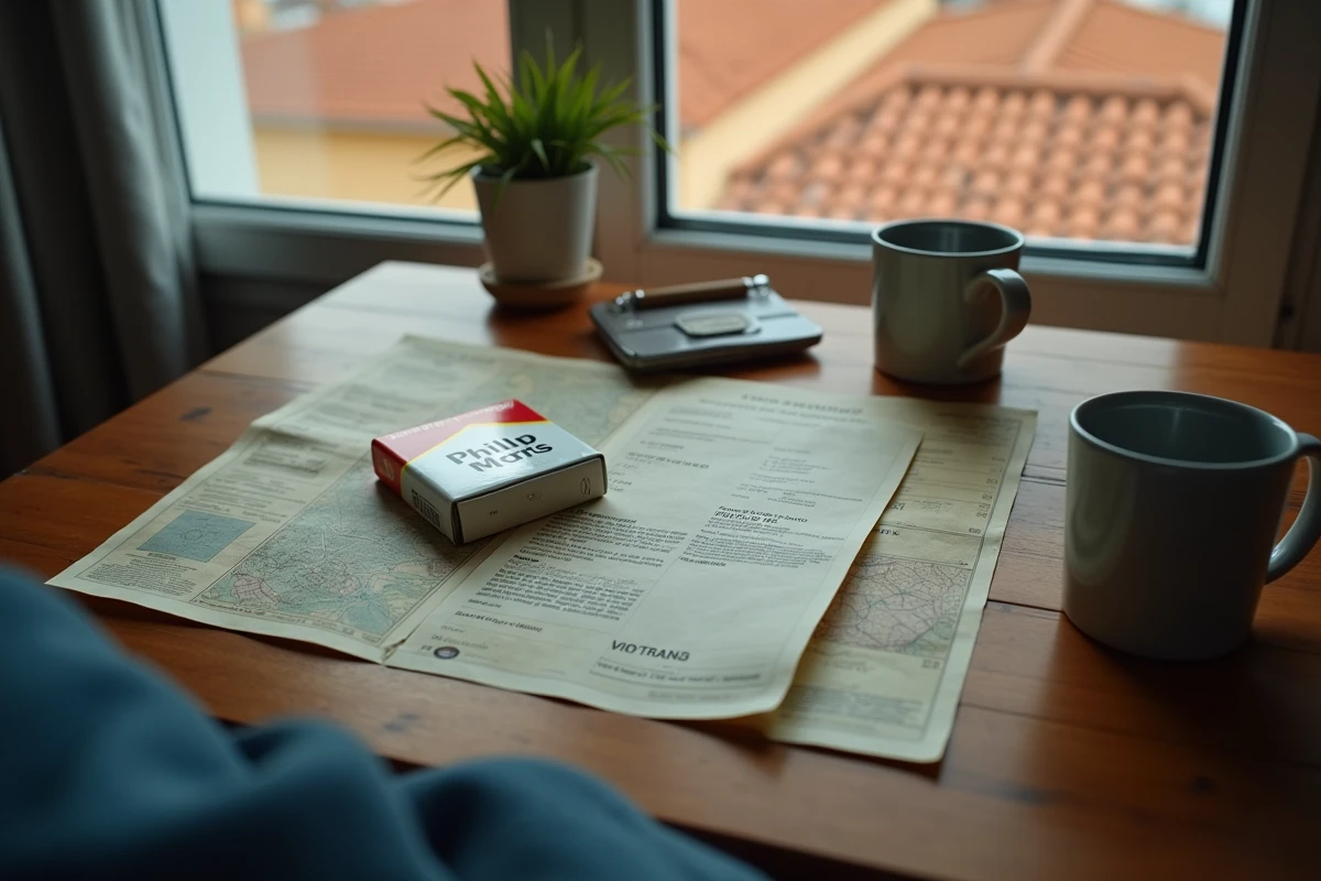 Vue en plongée d'un paquet de cigarettes Philip Morris Espagne avec documents douaniers et reçu sur table en bois