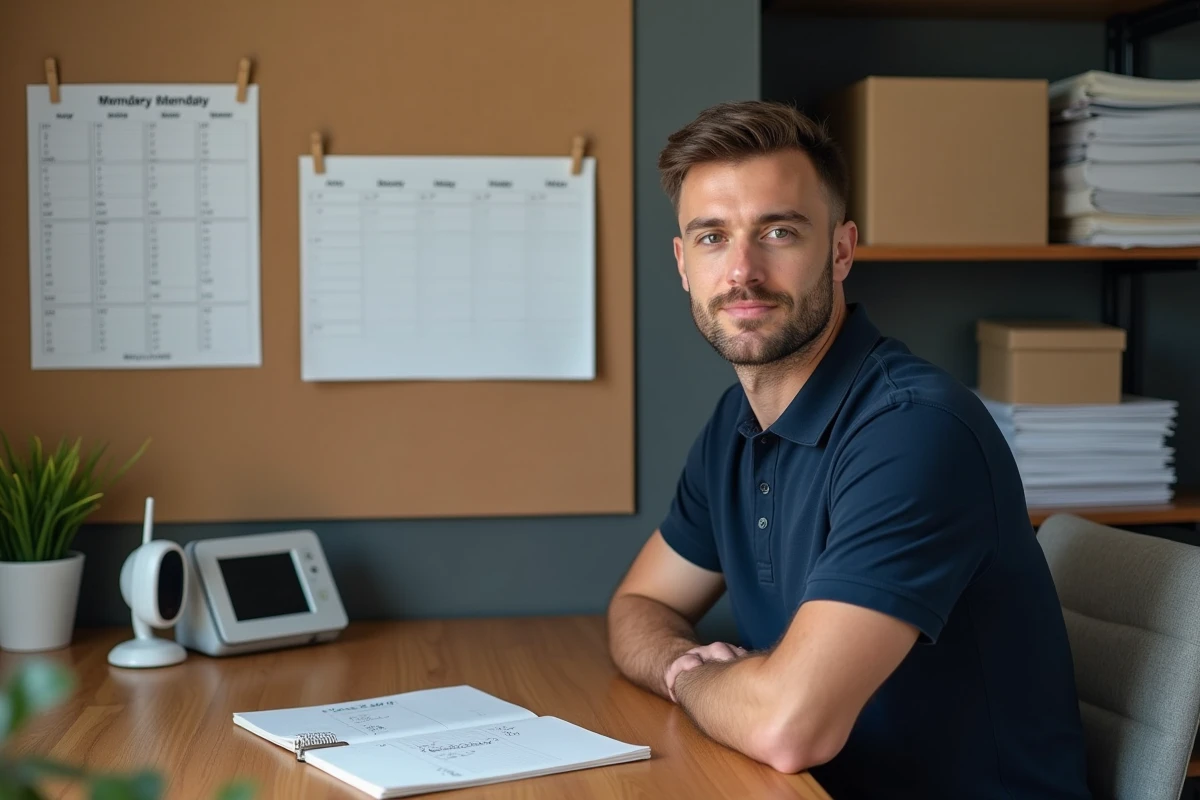 Père travaillant à domicile qui organise son planning d'emballage de colis dans un bureau à la maison
