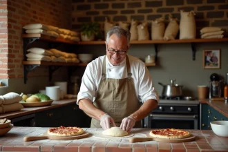Chef pizza traditionnel en pizzeria en briques