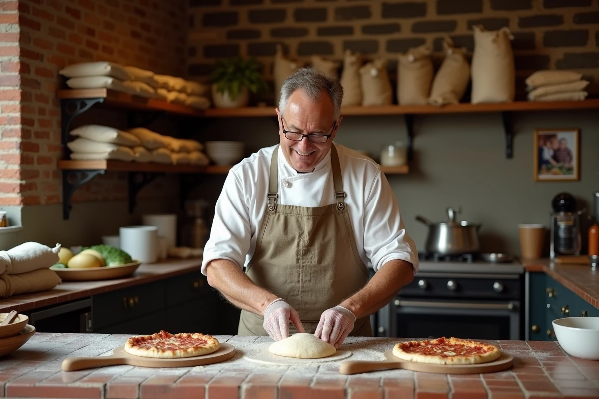 Chef pizza traditionnel en pizzeria en briques