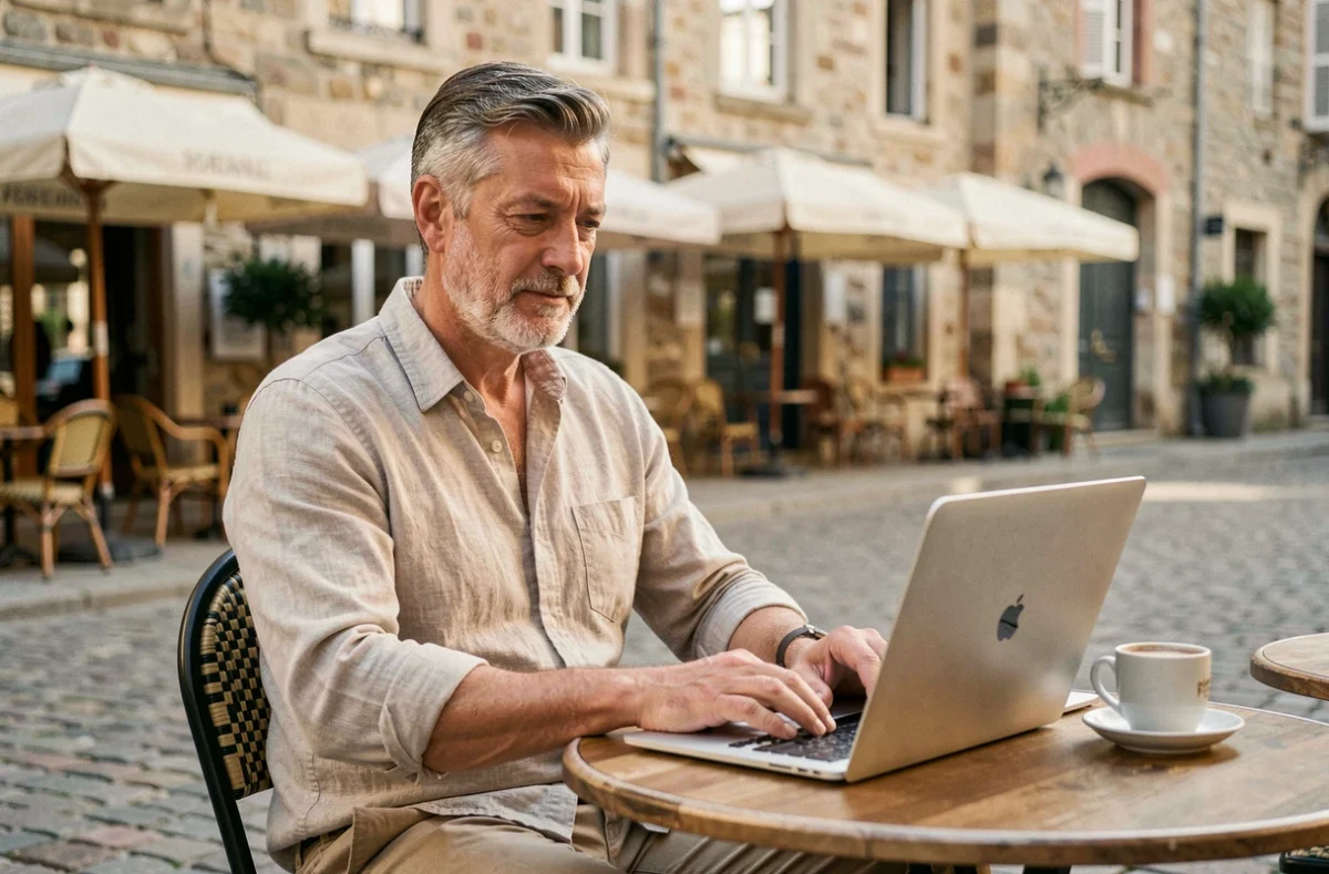 Consultant freelance en portage salarial travaillant sur son ordinateur à la terrasse d'un café à Roanne