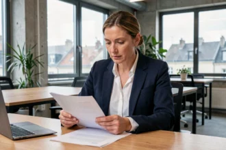 Femme professionnelle en portage salarial consultant des documents dans un espace de coworking moderne à Roanne
