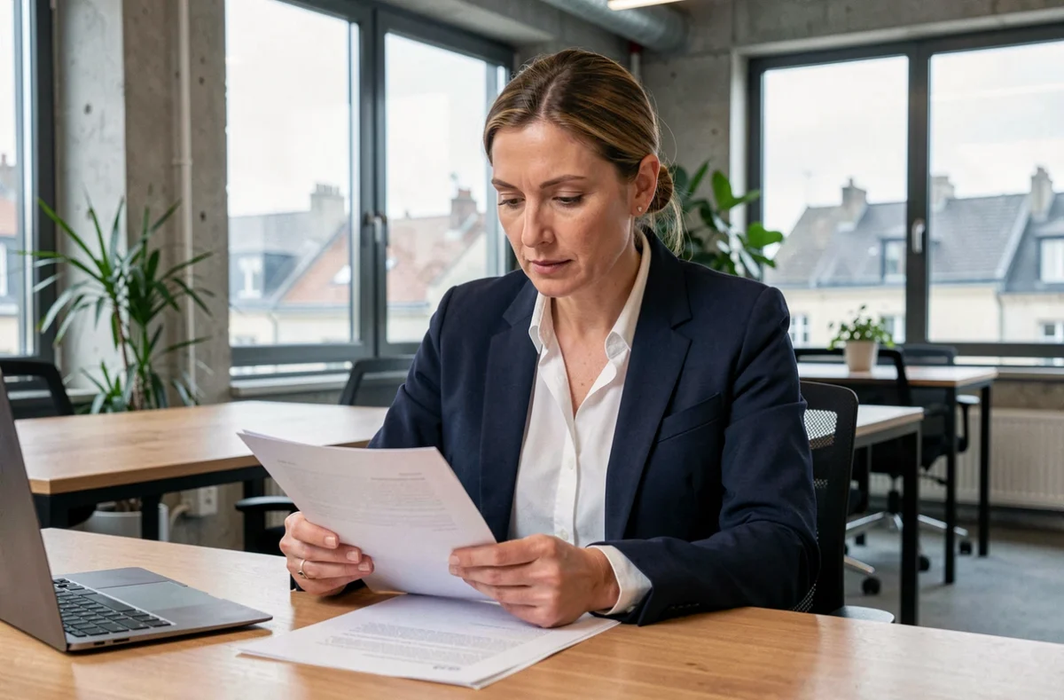 Femme professionnelle en portage salarial consultant des documents dans un espace de coworking moderne à Roanne