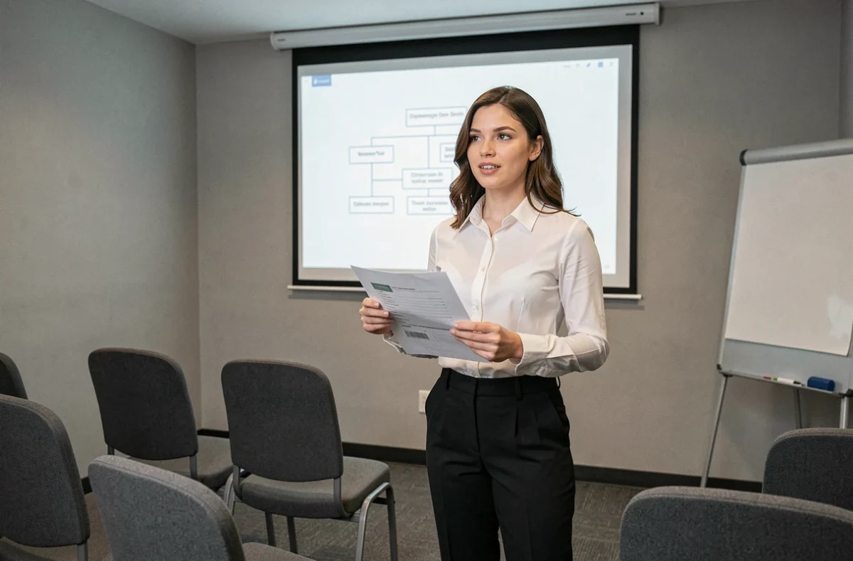 Jeune femme présentant les démarches administratives du portage salarial lors d'une session d'information à Roanne