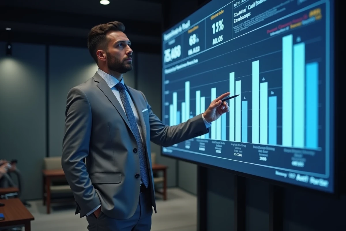 Professionnel présentant un tableau de bord des coûts de staffing compliance devant un écran de données financières en salle de formation