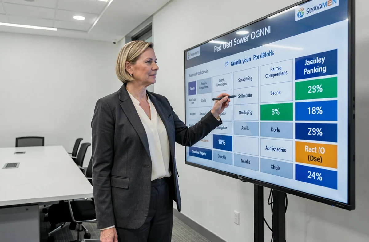 Experte présentant un classement comparatif de sociétés de portage salarial sur écran interactif en entreprise