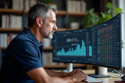 Professionnel du trot analysant les statistiques de courses hippiques sur Infonet5 depuis un bureau à domicile