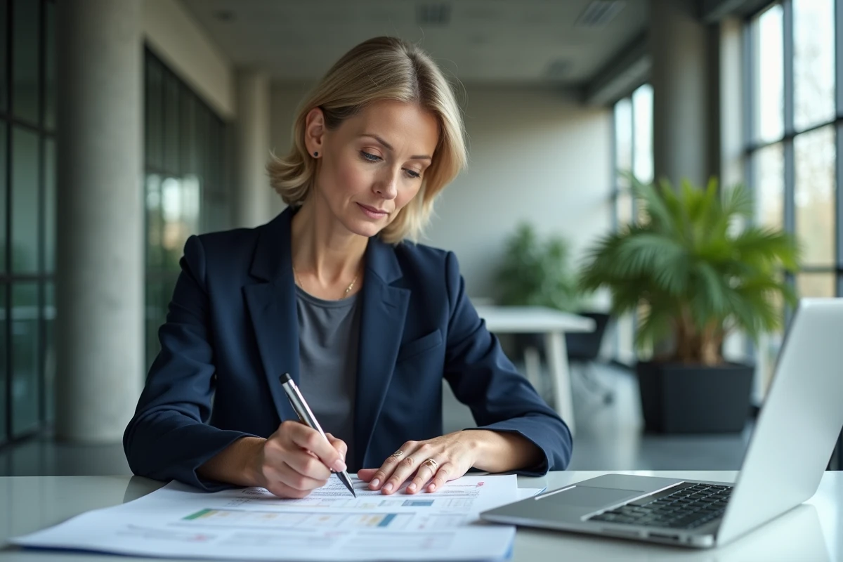 Professionnelle en blazer marine analysant un appel d'offres annoté sur une table de réunion moderne dans un bureau contemporain