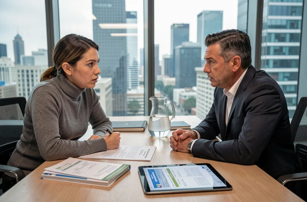Deux professionnels discutant des prix cachés lors de l'inscription à un événement d'entreprise