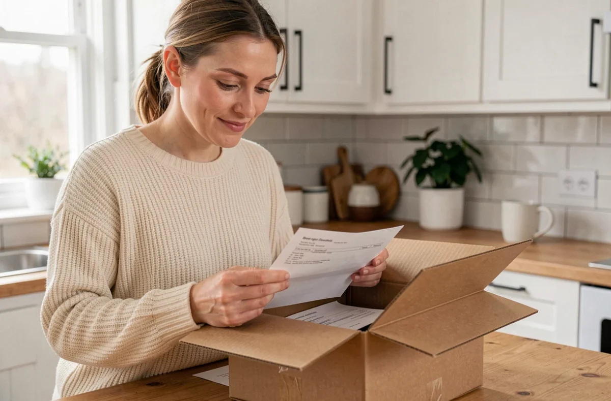 Femme recevant un colis livré sans litige grâce à l'Incoterm DDP sur une marketplace internationale, vérifiant le bon de livraison