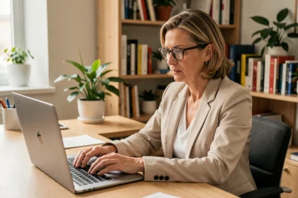 Femme professionnelle rédigeant un email formel sur un ordinateur portable dans un bureau à domicile bien organisé