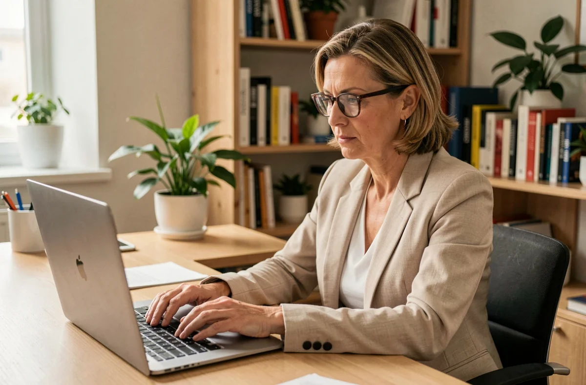 Femme professionnelle rédigeant un email formel sur un ordinateur portable dans un bureau à domicile bien organisé