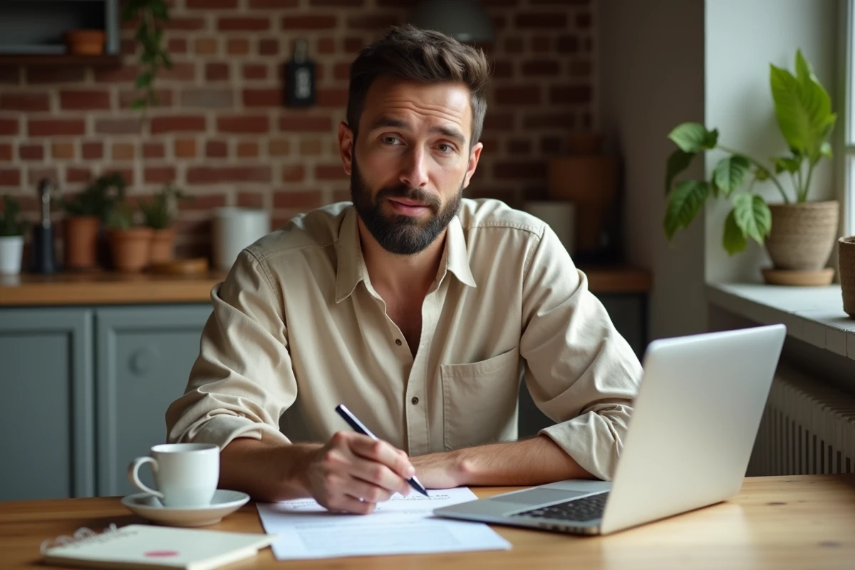 Entrepreneur en devenir r&eacute;digeant une lettre de rupture conventionnelle pour projet de cr&eacute;ation d'entreprise &agrave; domicile