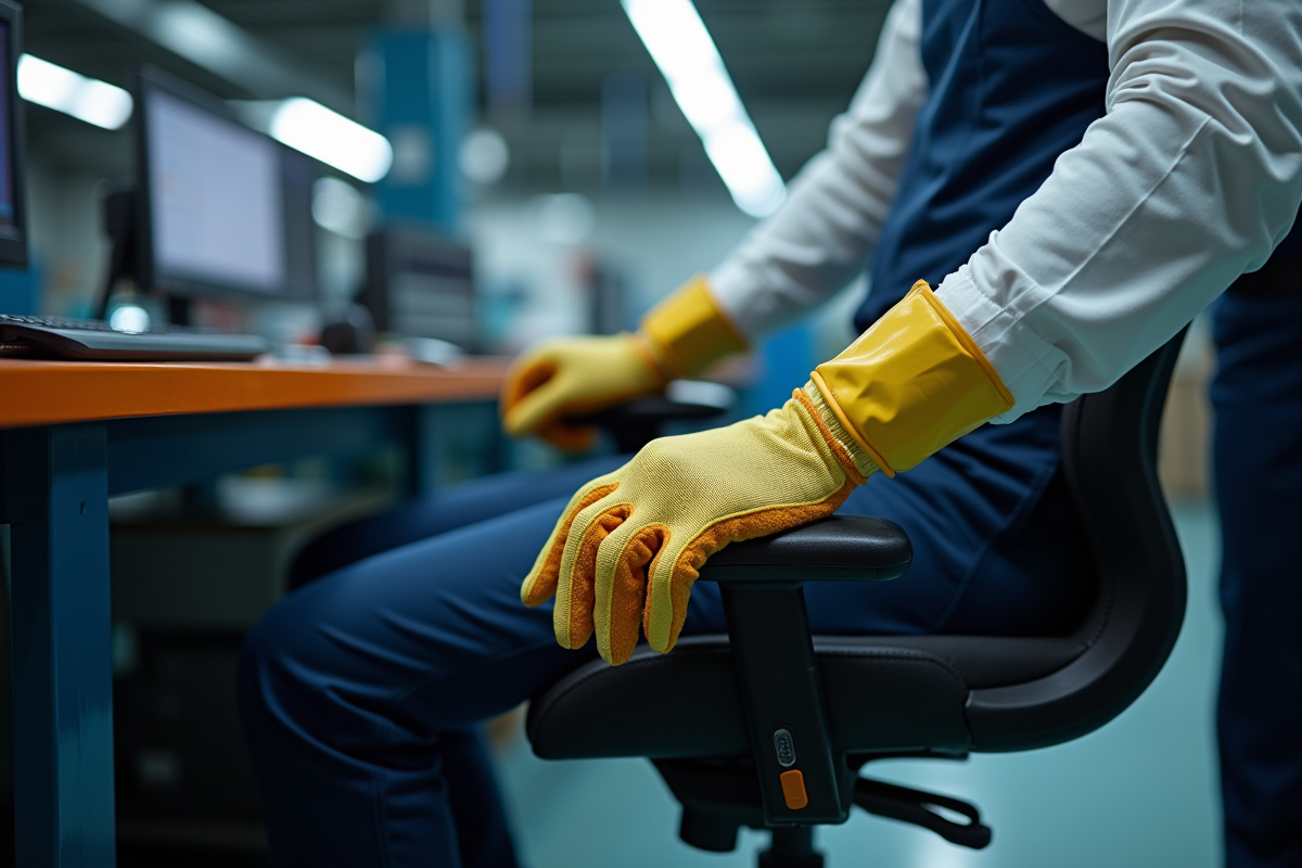 Mains d’un ouvrier ajustant une chaise ergonomique dans l’atelier