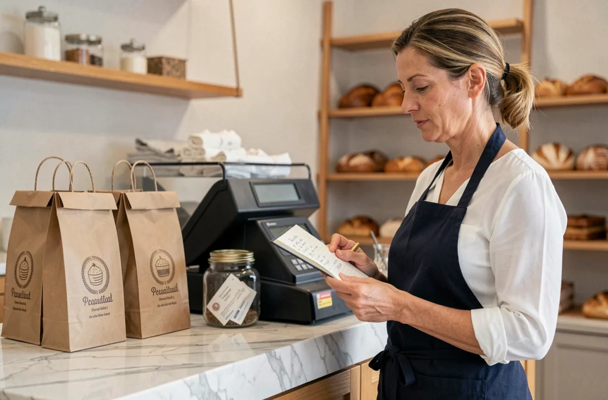 Responsable de boulangerie consultant ses notes près de la caisse enregistreuse dans une boutique artisanale