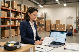 Responsable logistique en entrepôt consultant des documents d'expédition internationale pour une marketplace avec Incoterm DDP