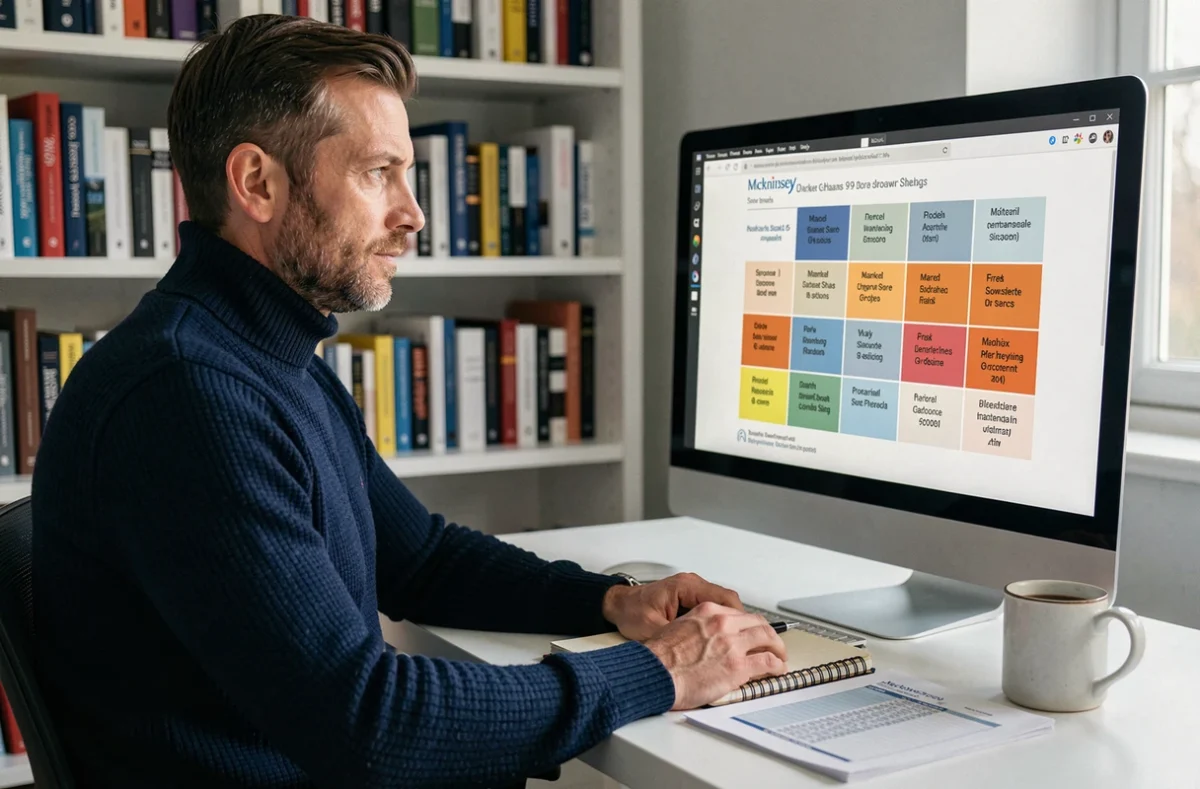 Responsable marketing analysant une matrice McKinsey digitale sur écran dans un bureau à domicile