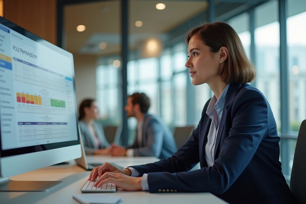 Responsable métier utilisant un tableau de bord de gestion des rôles PROROLE sur son ordinateur en open space
