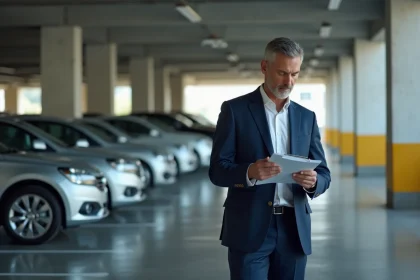 Responsable de parc automobile en costume devant une rangée de véhicules de société dans un parking d'entreprise
