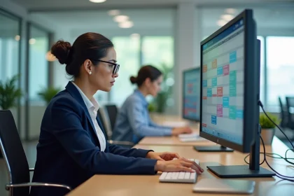 Responsable RH consultant un planning de congés sur un écran d'ordinateur dans un bureau moderne