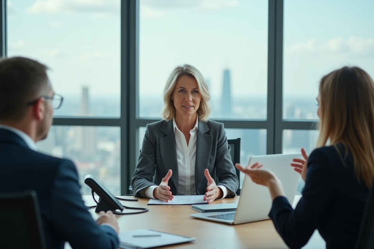 Femme professionnelle parle avec collègues en réunion