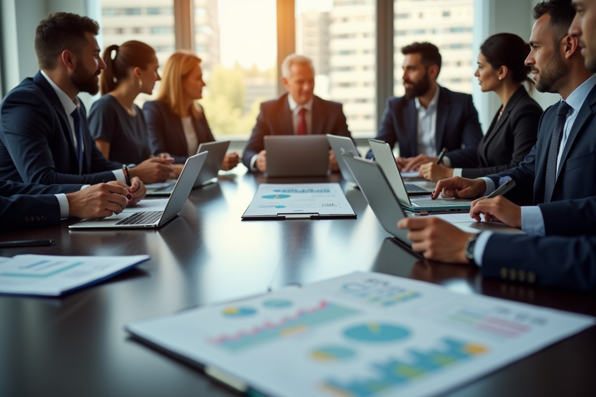 Groupe de professionnels discutant de salaires en réunion d