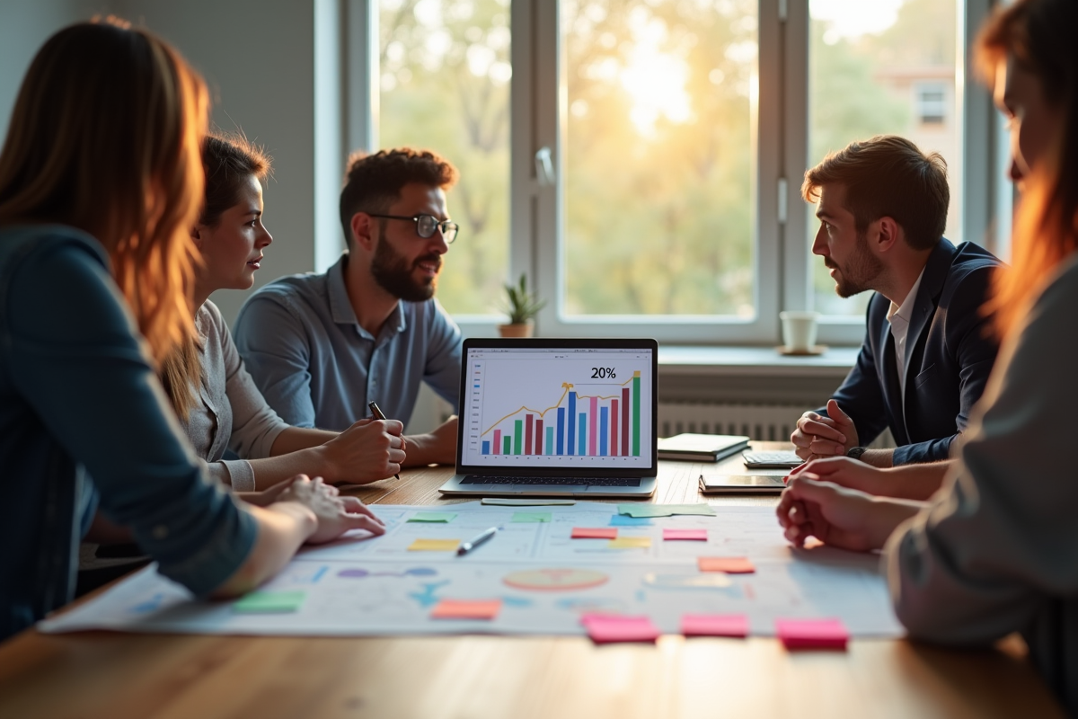 Groupe de professionnels discutant de graphiques de profit autour d