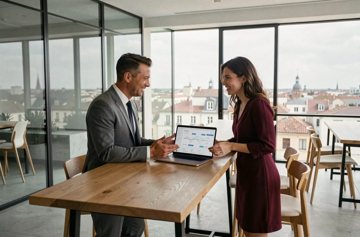 Deux professionnels en réunion de stratégie business et marketing digital dans un espace de coworking à Toulouse