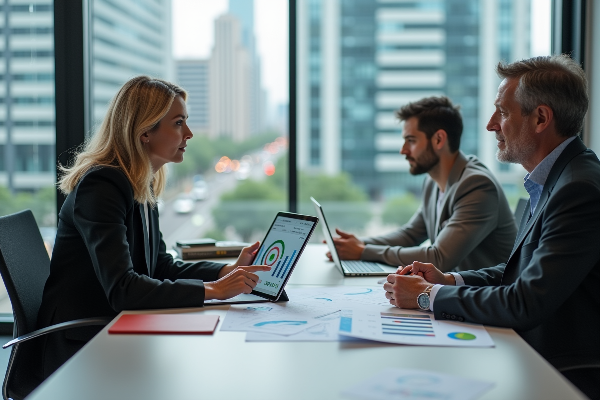 Homme et femme discutant de statistiques de transport urbain