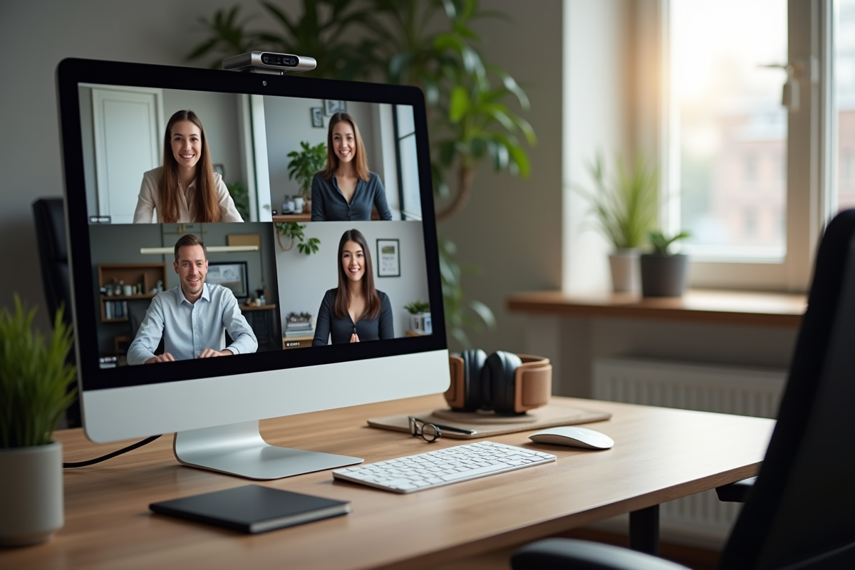 Équipe diverse en visioconference dans un bureau moderne