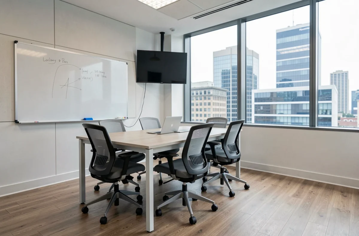 Salle de réunion vide avec table de conférence disponible à la location à la journée