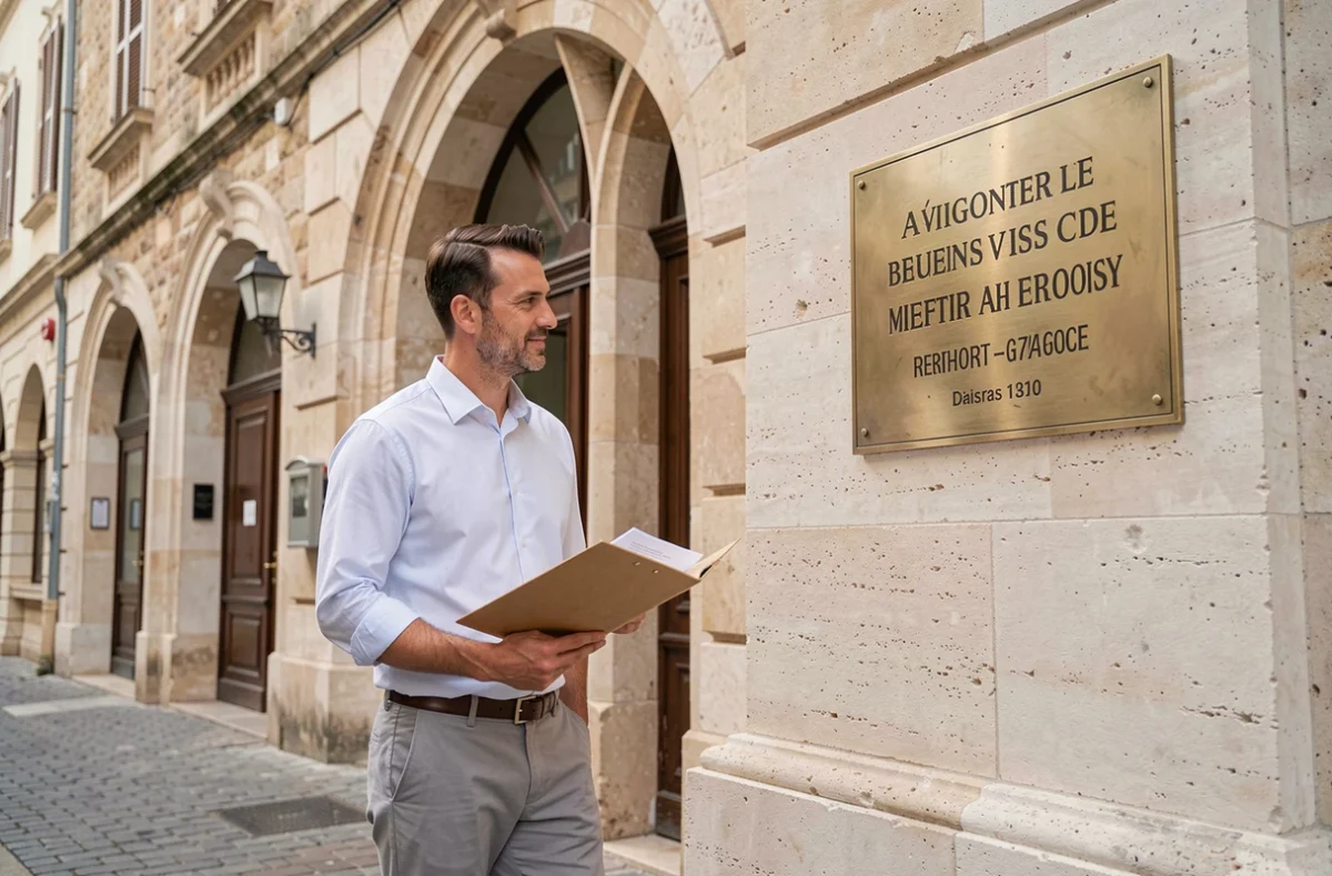 Chef d'entreprise devant une adresse de domiciliation commerciale dans le centre historique d'Avignon