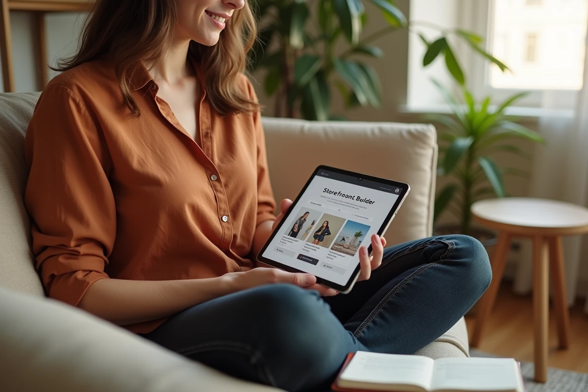 Femme solo entrepreneur consultant un outil de création de boutique en ligne sur tablette depuis son salon avec prise de notes manuscrites