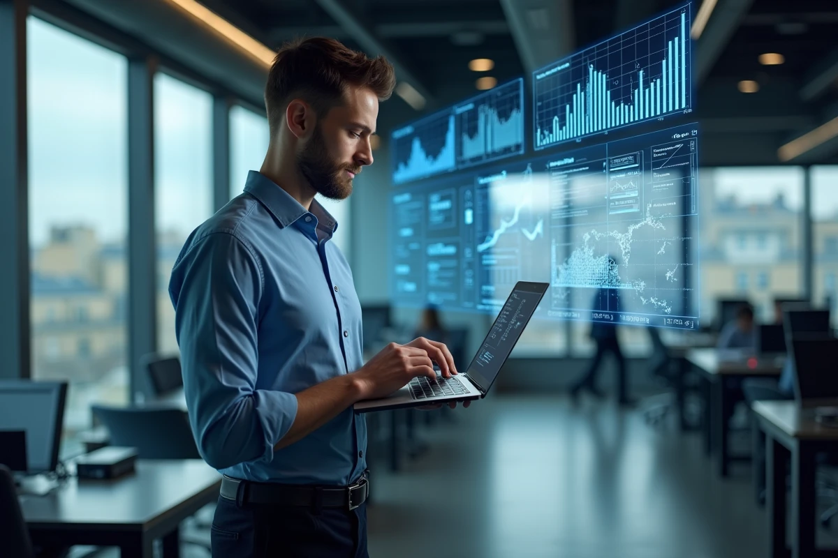 Jeune spécialiste informatique utilisant un tableau de bord blockchain