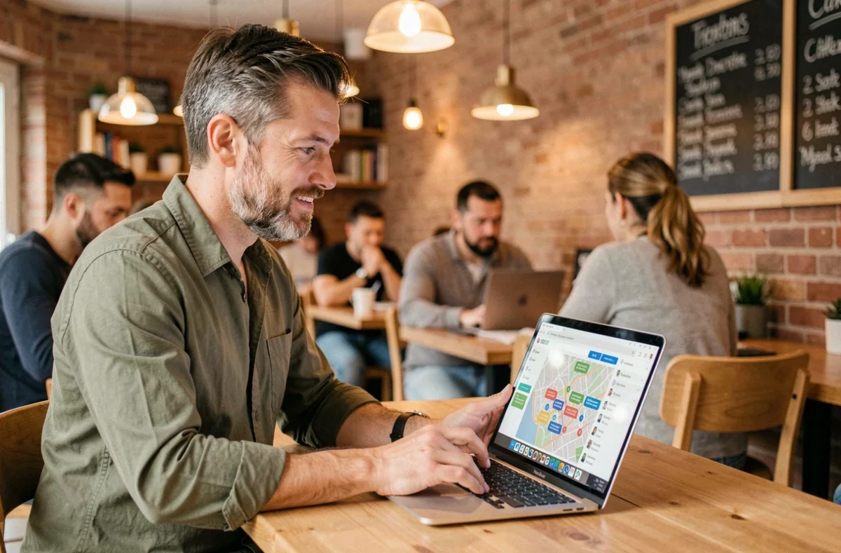 Consultant SEO et GEO Stéphane Delgado travaillant sur une stratégie de référencement local depuis un espace de coworking à Poitiers