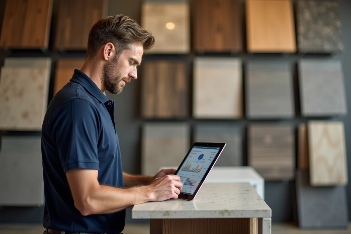 Artisan carreleur consultant un tableau de bord de suivi de rentabilité sur tablette dans son showroom