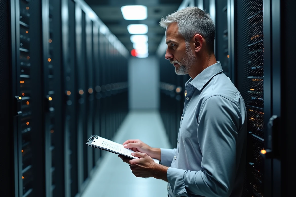 Technicien IT vérifiant la sécurité des serveurs contenant des données RH confidentielles dans un datacenter