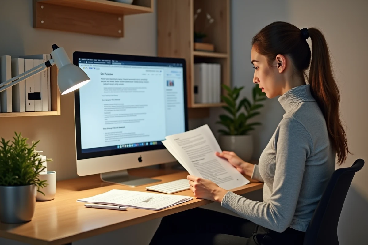 Jeune professionnelle Air France révisant des documents de carrière et le portail Intralignes depuis son bureau à domicile