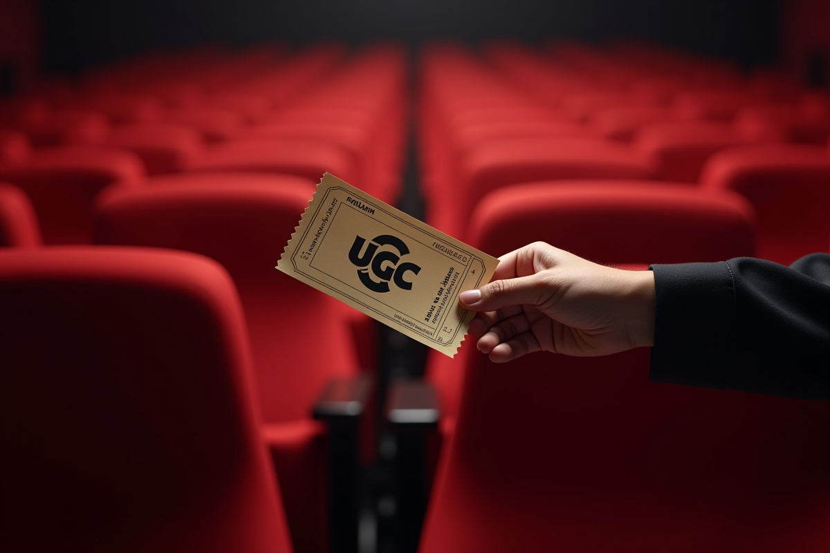 Main tenant un ticket de cinéma UGC avec sièges rouges en arrière-plan