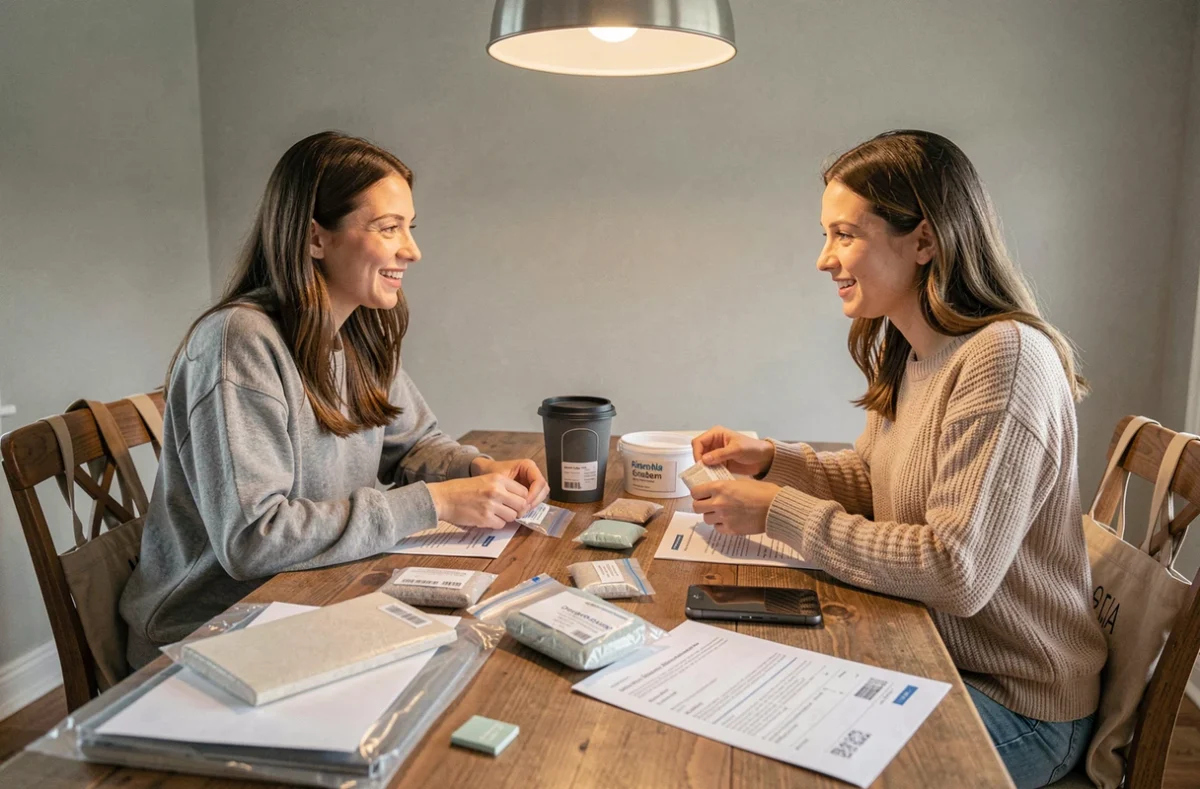 Deux femmes emballant des échantillons à domicile avec contrat de travail et documents administratifs sur la table