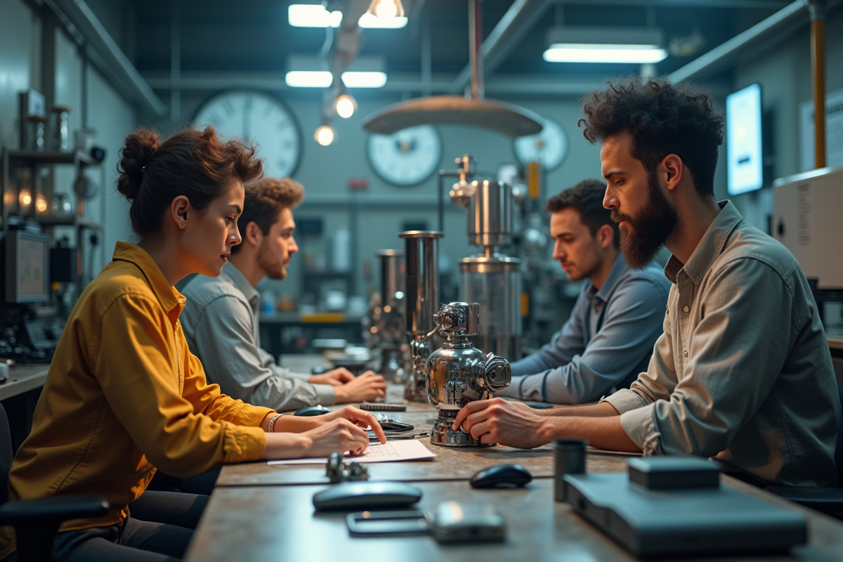 Quatre personnes diverses travaillant ensemble dans un espace innovant