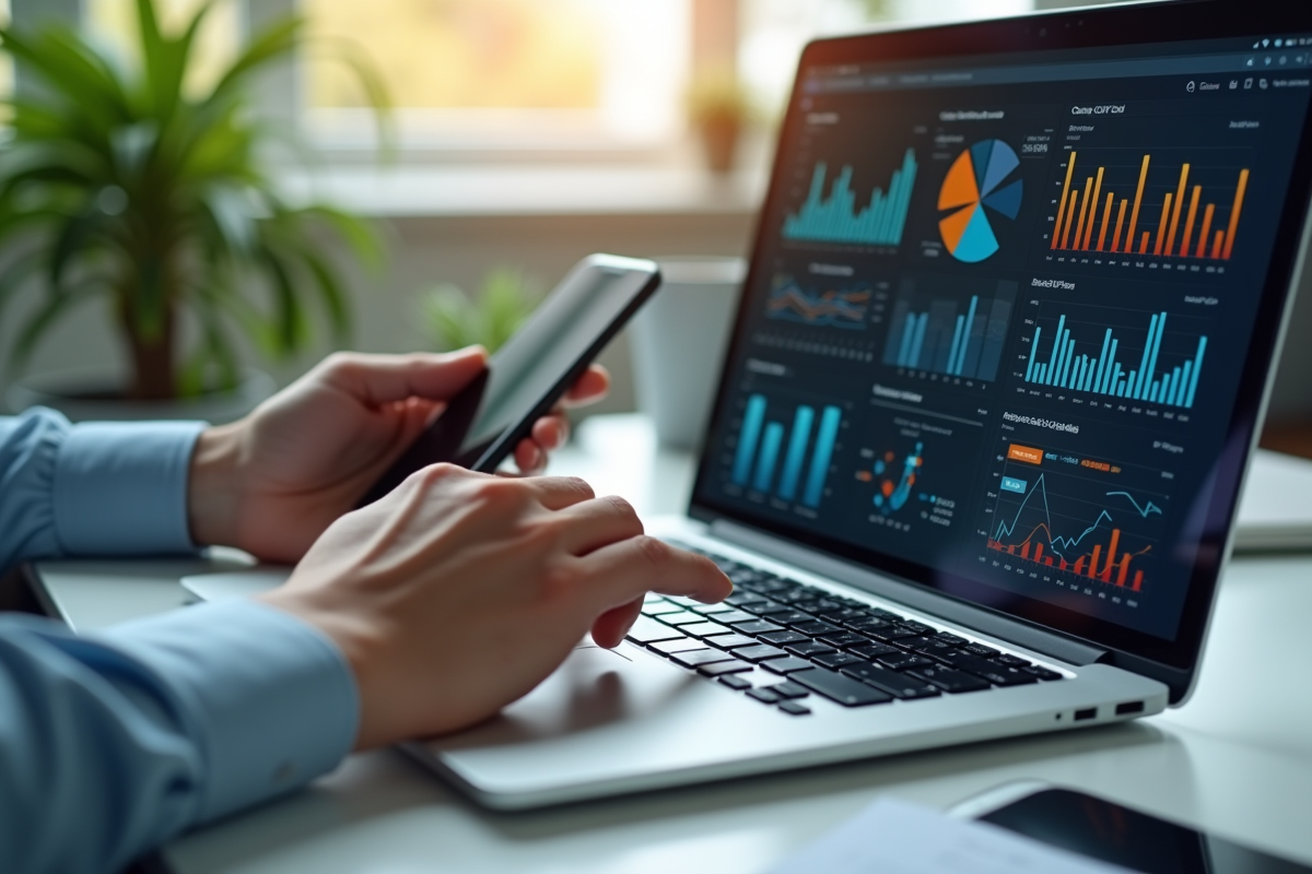 Mains utilisant un ordinateur portable et un smartphone avec CRM