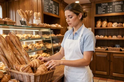 Vendeuse en boulangerie arrangeant des baguettes derrière le comptoir d'une boulangerie française traditionnelle