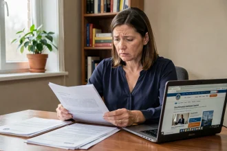 Femme de 40 ans consultant des documents administratifs liés aux cotisations Urssaf sur son bureau à domicile
